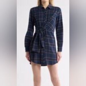 LUSH Plaid Wrap Style Long Sleeve Dress In Navy Plaid
